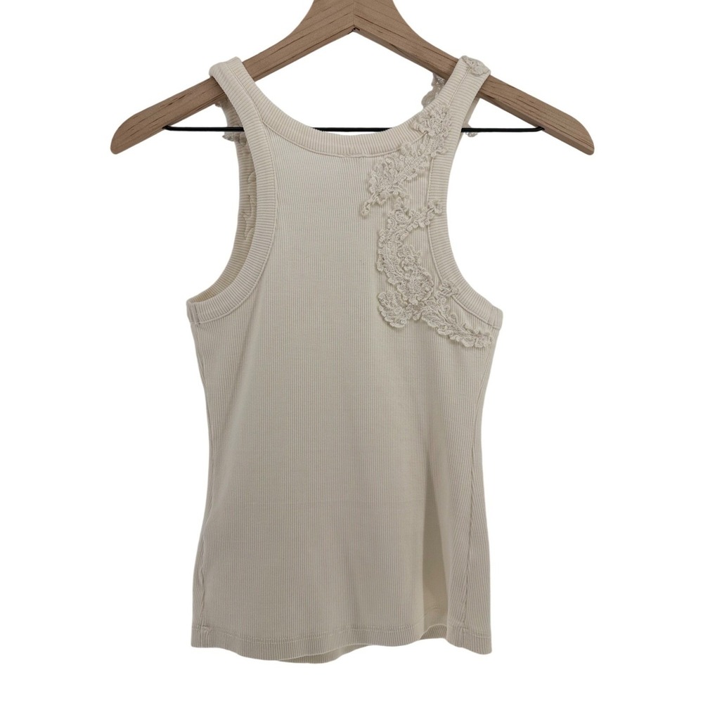 Anthropologie Lace Applique Ribbed Tank Top Cream Ivory High Neck XS Slim Fit - Picture 4 of 10